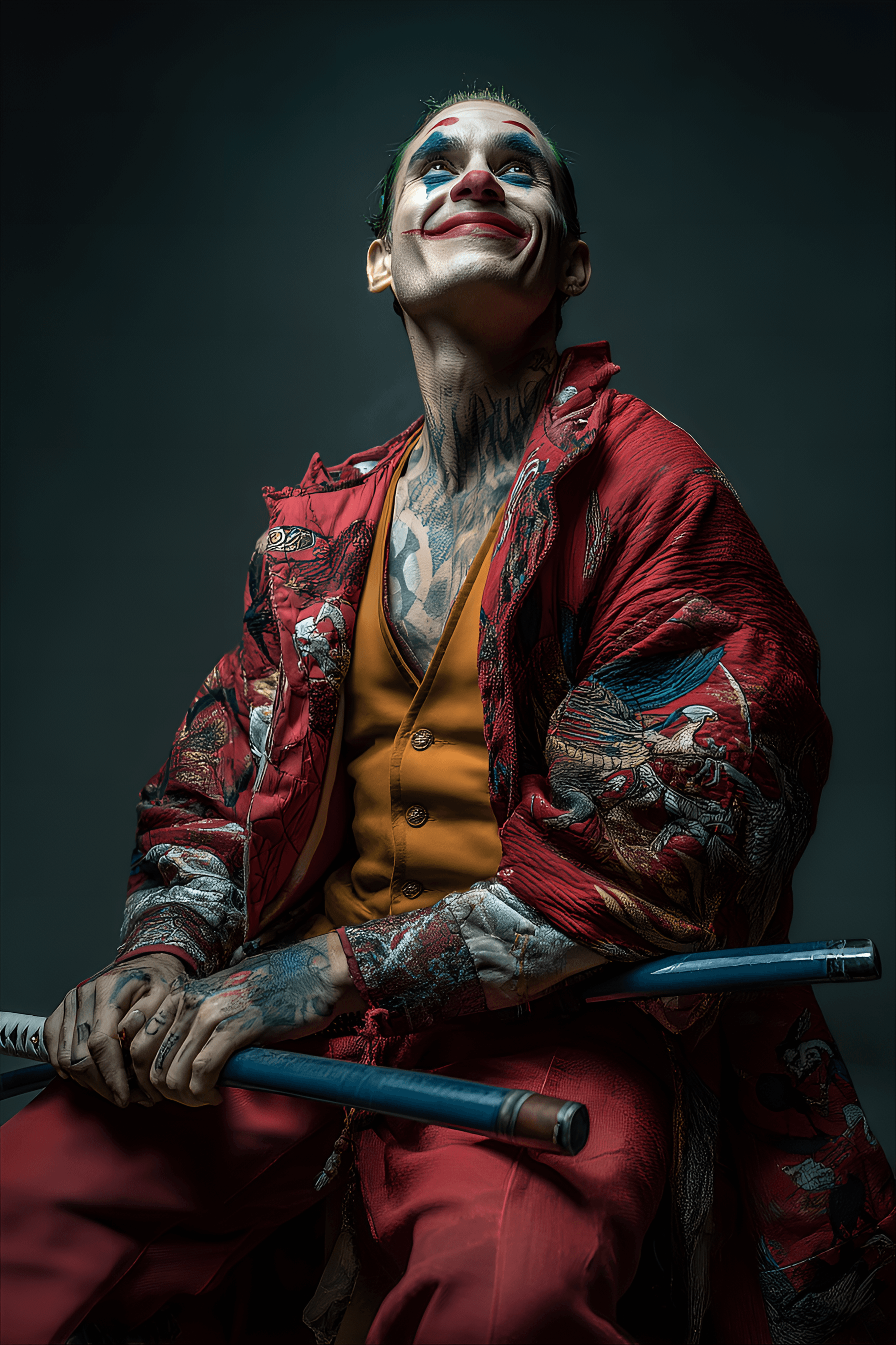 AI generated: Caucasian man, approximately 25-35 years old, portrayed as the Joker, seated, smiling broadly, and l...