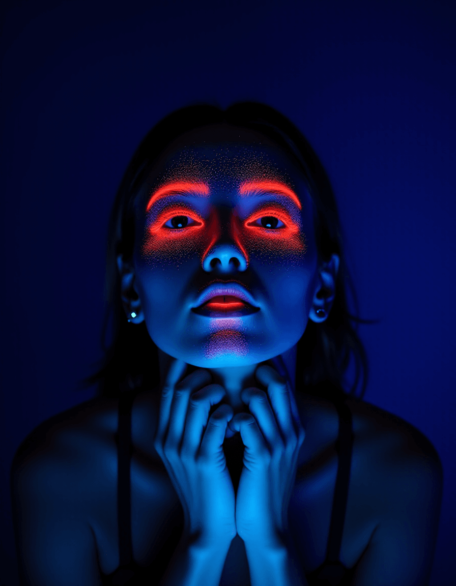 AI generated: woman portrait, UV lighting, black light, glowing effects, ultraviolet, UV light, ultra-violet light...