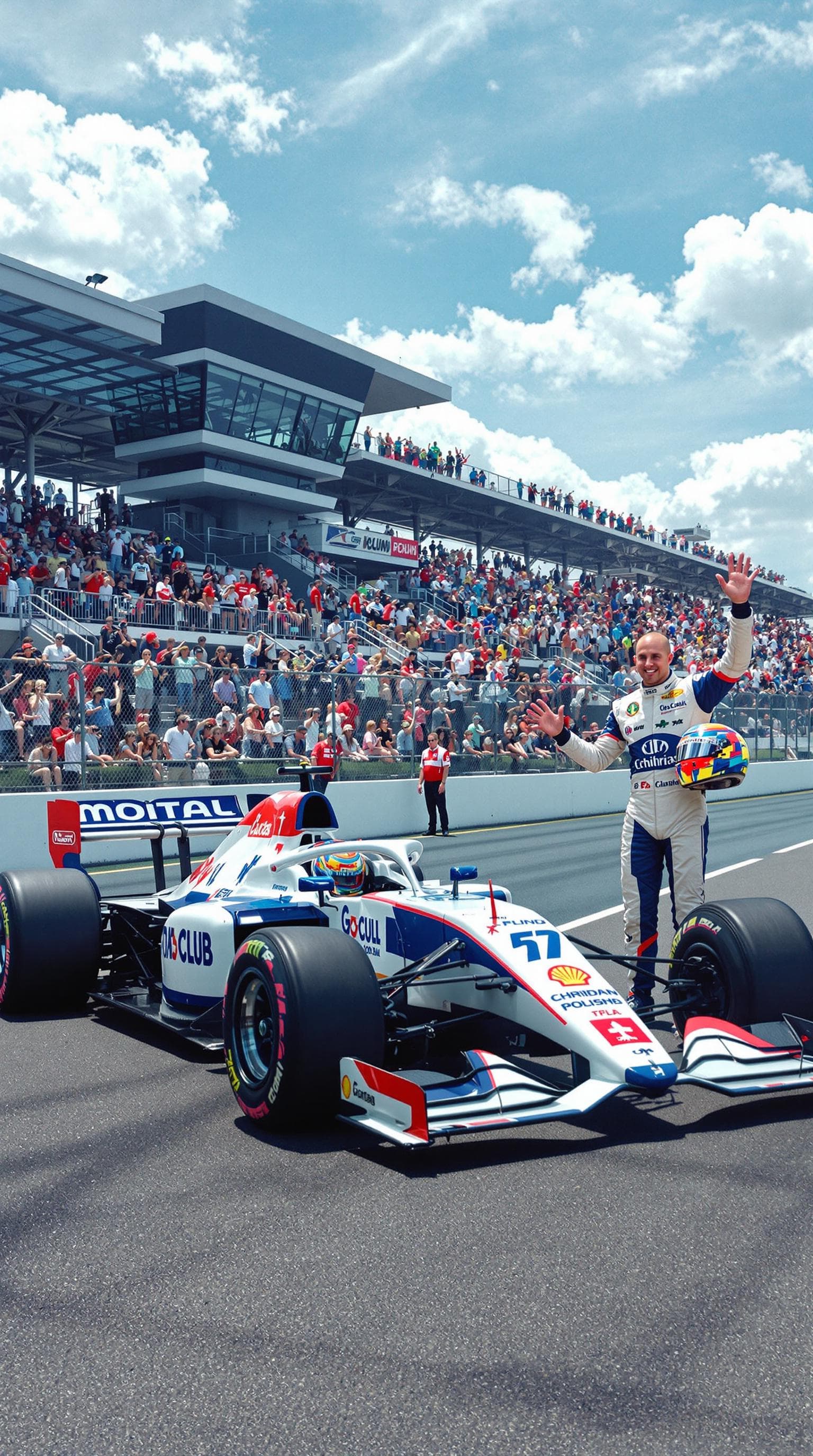 AI generated: Summer. On the race track there is a racing car with the logos of its club on the sides. A racing dr...