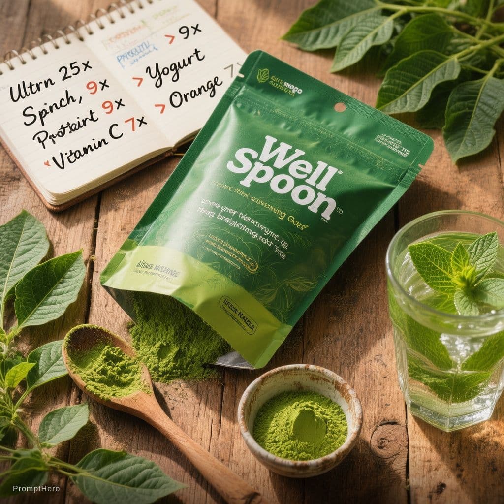 AI generated: Cinematic flat lay photograph of Well Spoon Moringa Leaf Powder packaging placed on a natural wooden...