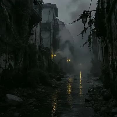 AI generated video: Tracking shot forward at ground level, following the reflection of streetlights on the wet cobblesto...