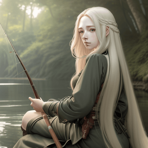 AI generated: woman sitting on a fishing rod, anime style, long hair, hair down, symmetrical facial features, ww2 ...