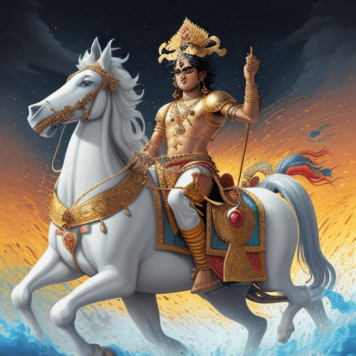 AI generated: Create a highly detailed and vibrant illustration of the battlefield of Kurukshetra. In the foregrou...