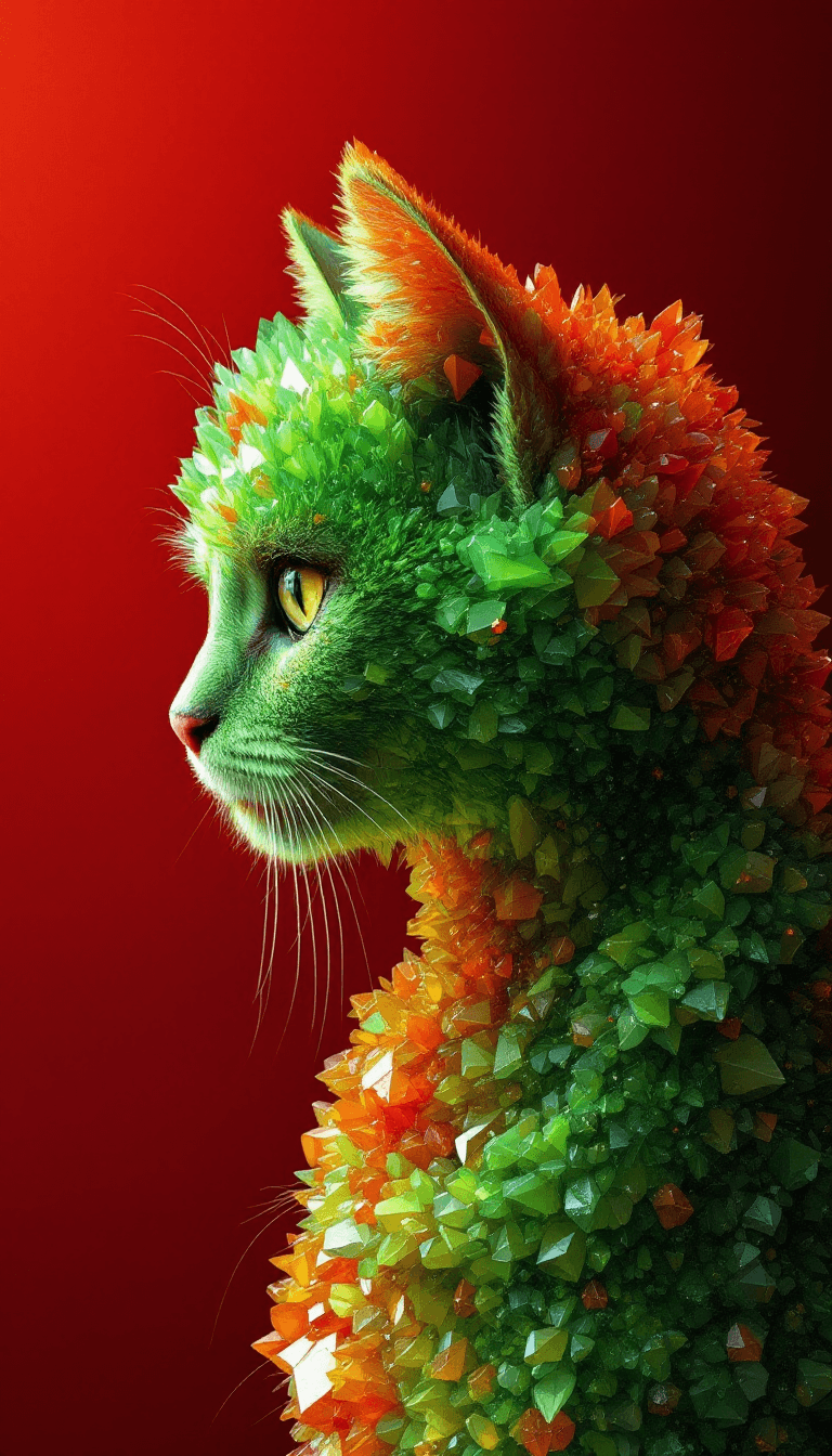 AI generated: A green tabby made from rough orange crystals, in profile, side view, surrealism, pencils, fashion i...