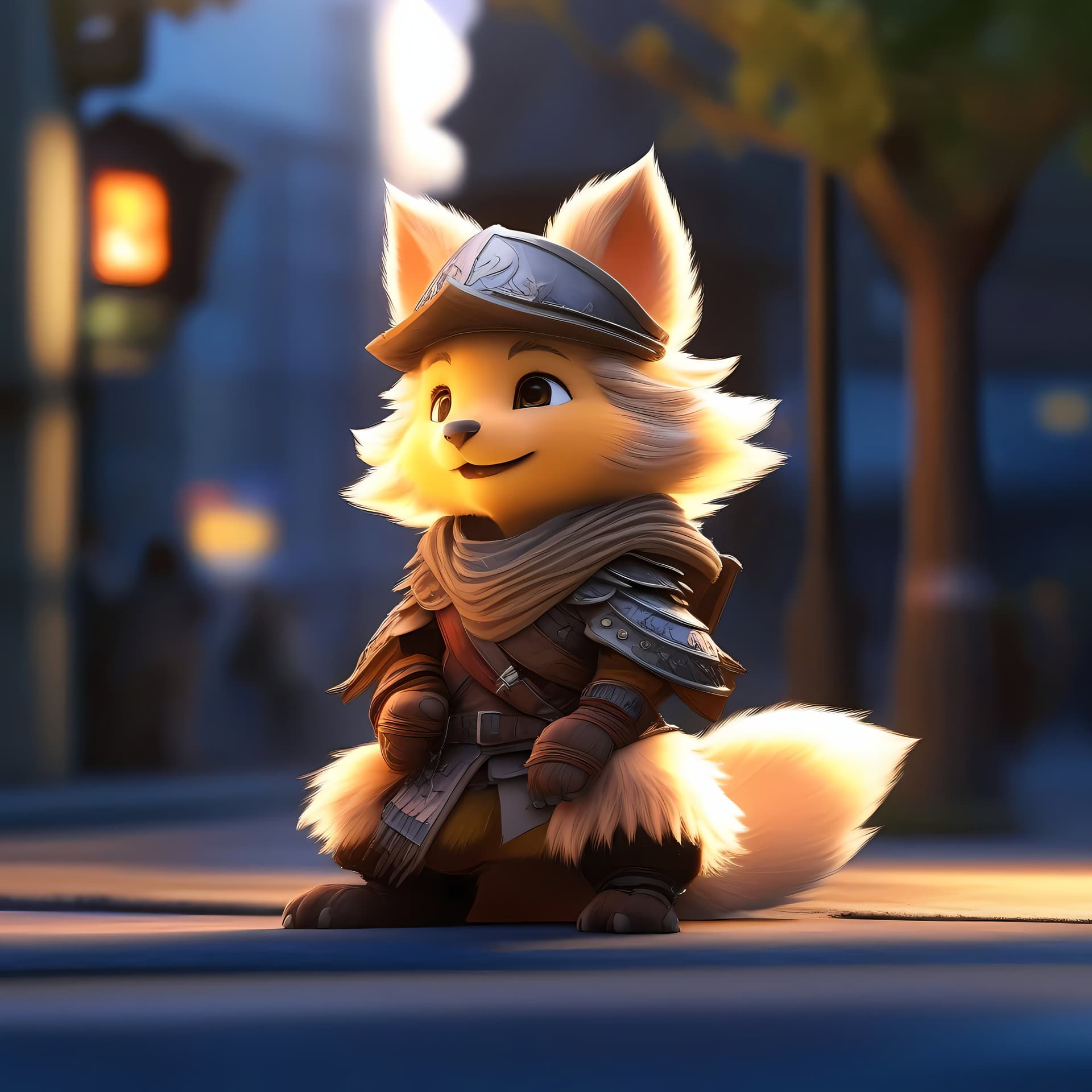 AI generated: waiting on a city street corner , at sun rise, cute warrior from Final Fantasy, cute, photo shooting...