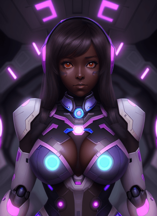 AI generated: female, dark skin, hypnosis, D.va, robot, hooked up to a machine, at attention