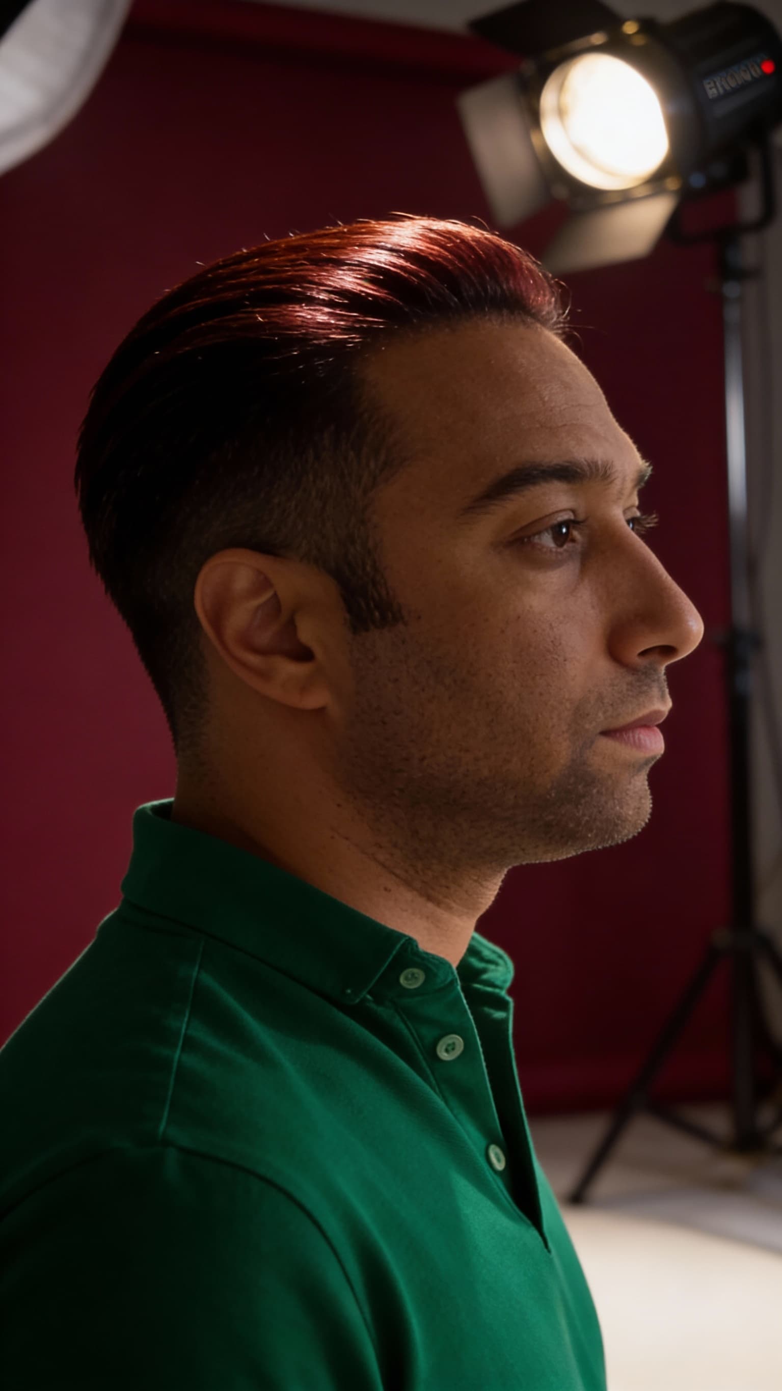 AI generated: hair photography, side view of a man, slicked-back undercut hair style, rich mahogany hair color, hi...