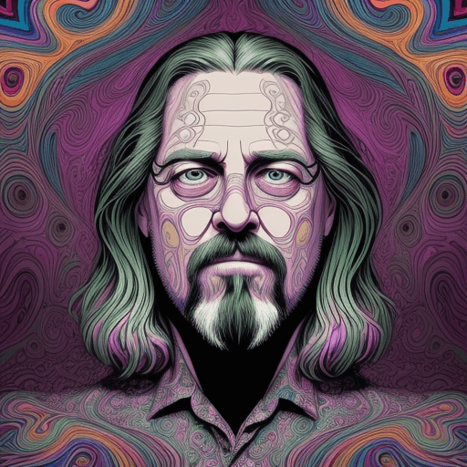AI generated: psychedelic image of The dude from Big Lebowski in dreamlike scene, with intricate, swirling pattern...