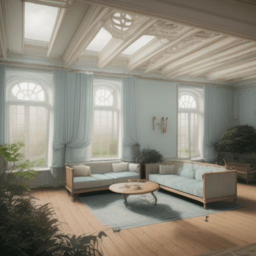 AI generated: High resolution photography of ghost house, dreamy sunken living room conversation pit, wooden floor...
