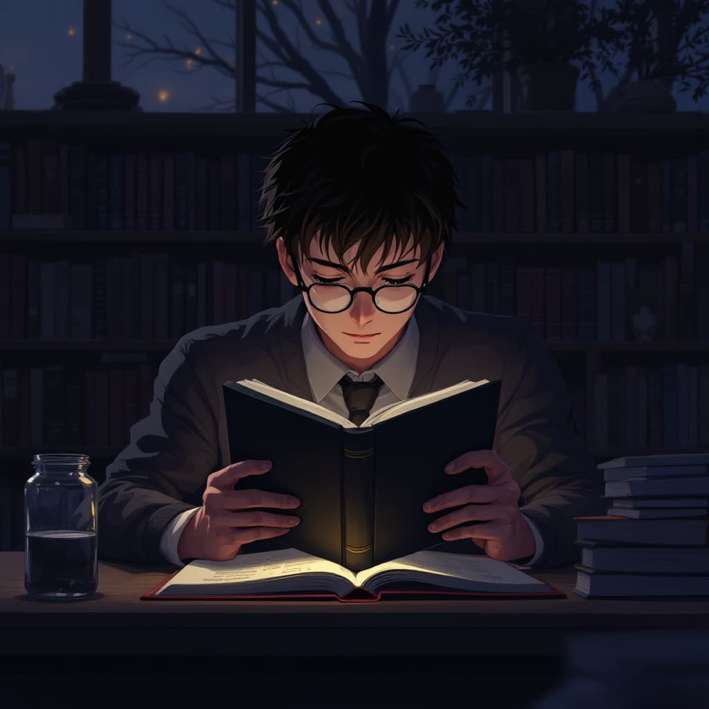 AI generated: anime, boy, introvert, library, academia, dark academia, evening, reading book, infj