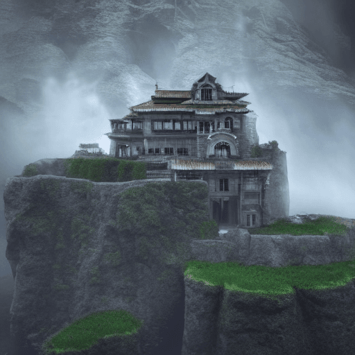 AI generated: ancient palace in the middle of waterfall cliff, shrouded in mist, landscape, HDR, dark lighting, fa...
