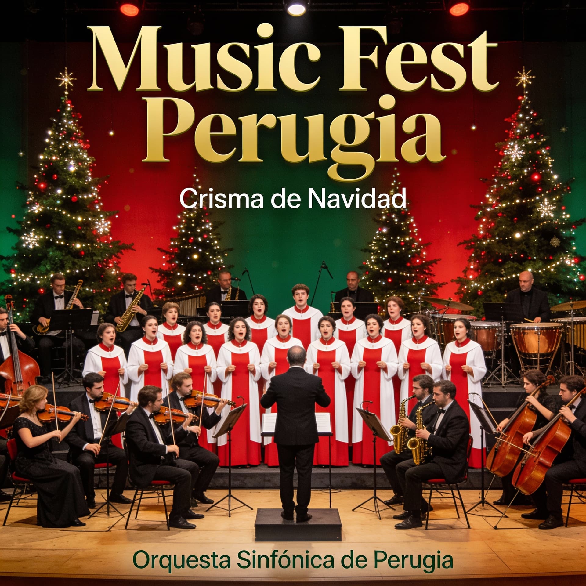 AI generated: HACER UN CRISMA DE NAVIDAD en una sinfónica con una orquesta. y poner en el cartel del centro "Music...