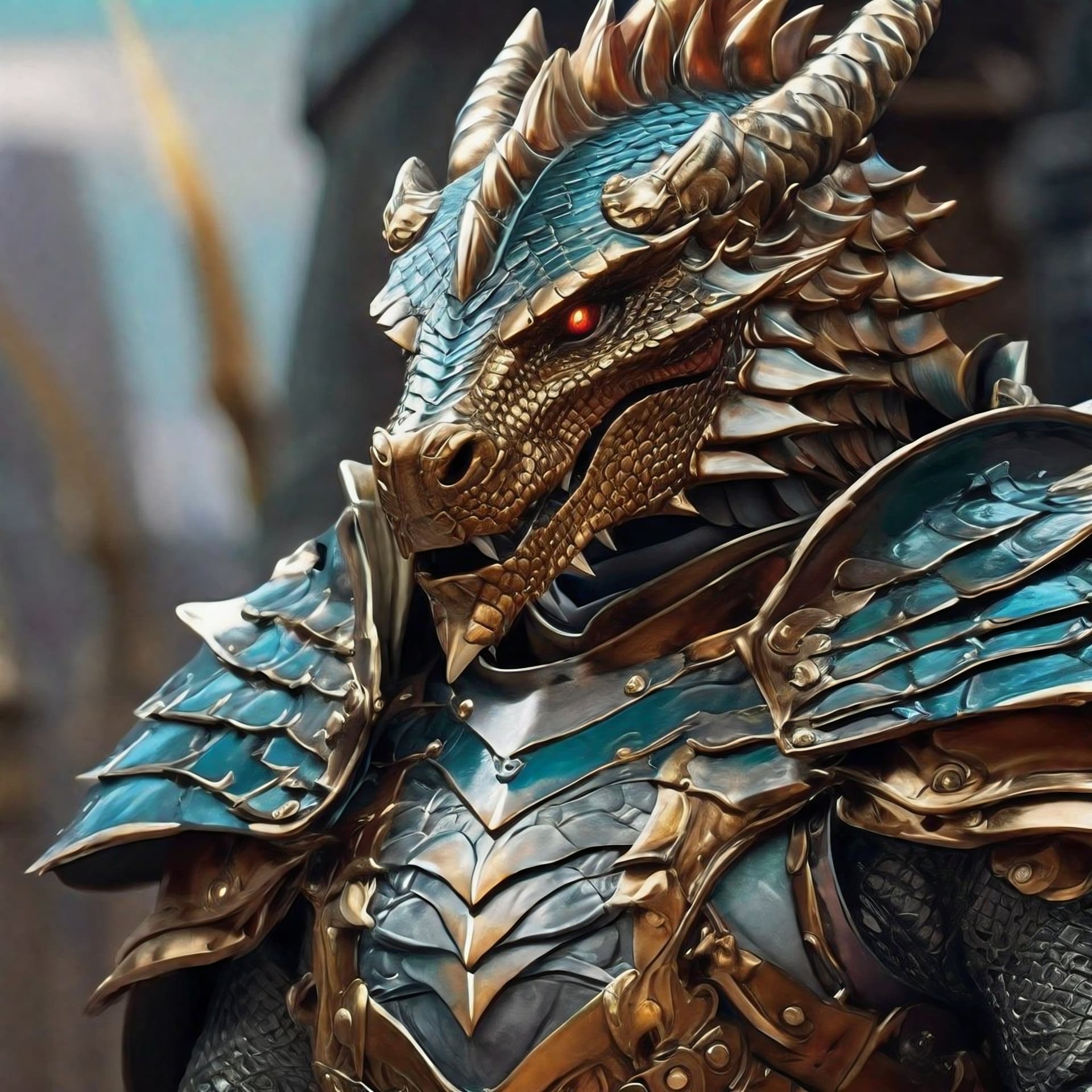AI generated: a dragon gazing at the camera, his armor is intricately detailed, detailed clothing, greatsword on b...