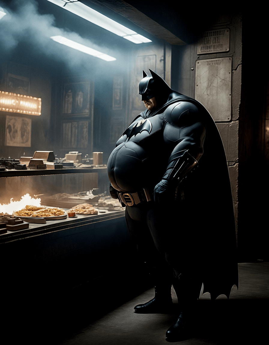AI generated: The image features a man dressed as Batman, but with a noticeable belly fat. He is standing in a dar...