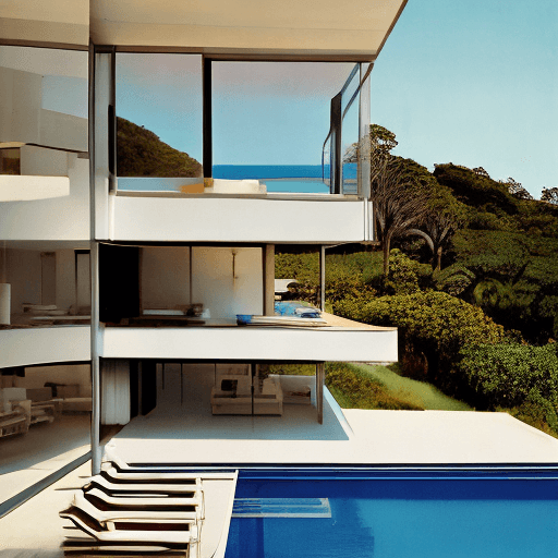 AI generated: Hyper realistic eye level exterior photo of a mid century modern style house overlooking the ocean, ...