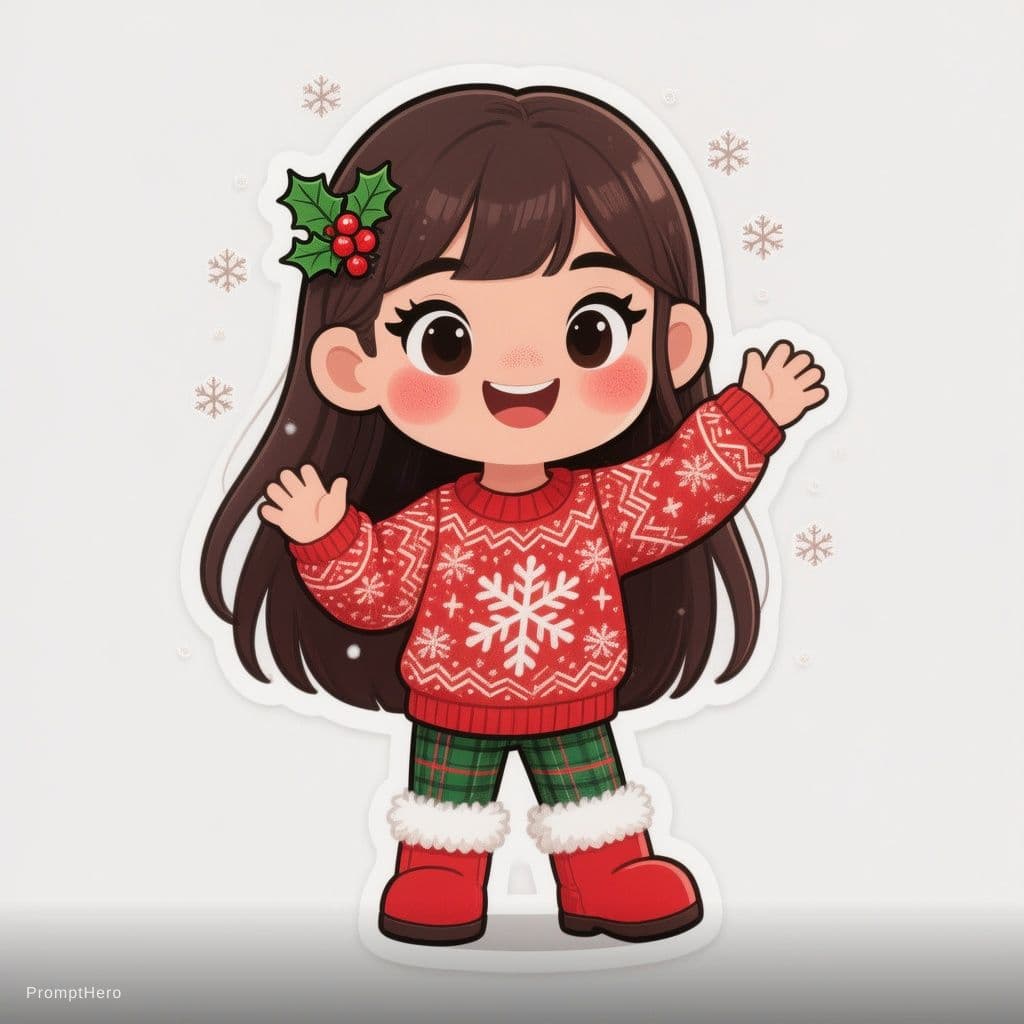 AI generated: chibi Christmas girl sticker, long straight dark brown hair parted in middle reaching waist, small r...