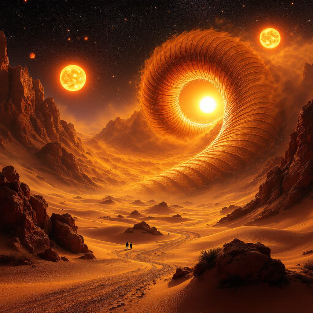 AI generated: 
colossal sandworm bursting from dunes under twin suns --v 7 --ar 3:2 --style sci-fi fantasy realism...