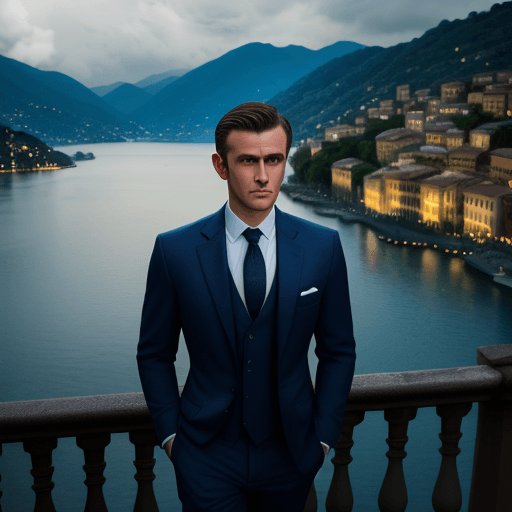 AI generated: Monkey in navy blue dress suit, ivory dress shirt, blue tie, cinematic lighting with lake como in th...
