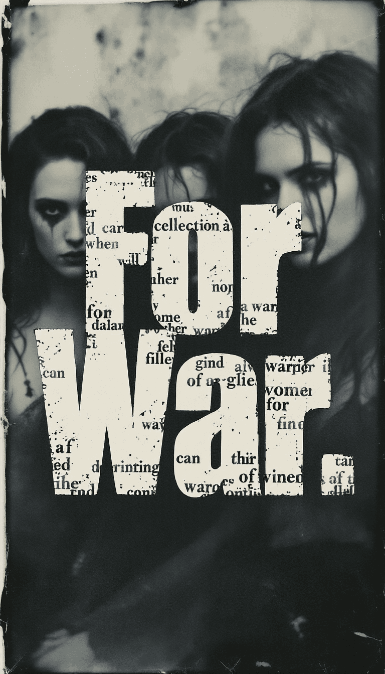 AI generated: 3 warrior women, old polaroid photo,dystopian,typography 'For War' overlaid, depressive mood,b&w pho...