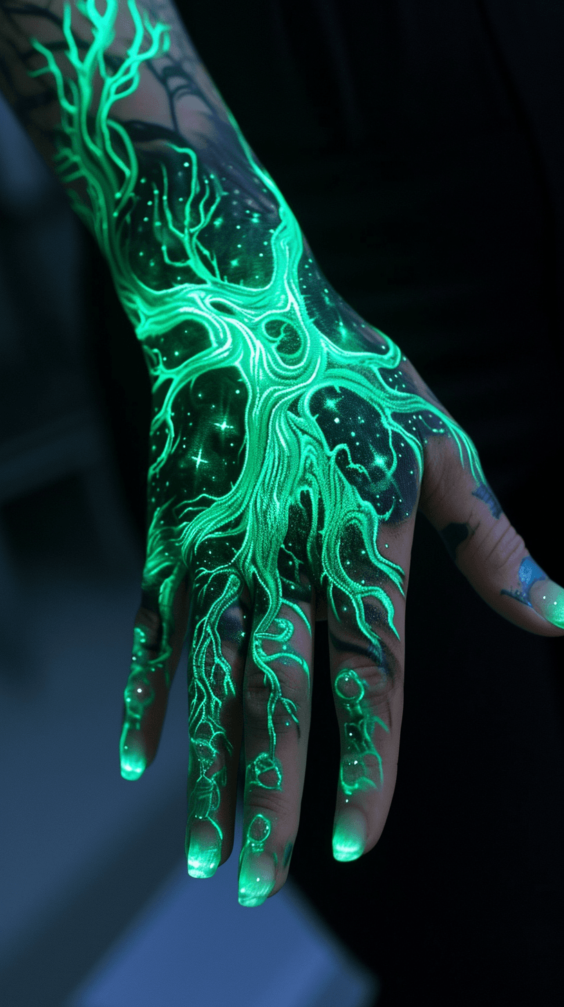 AI generated: a green stylized tattoo, on a hand, in the style of yuumei, luminous reflections, kawacy, low resolu...