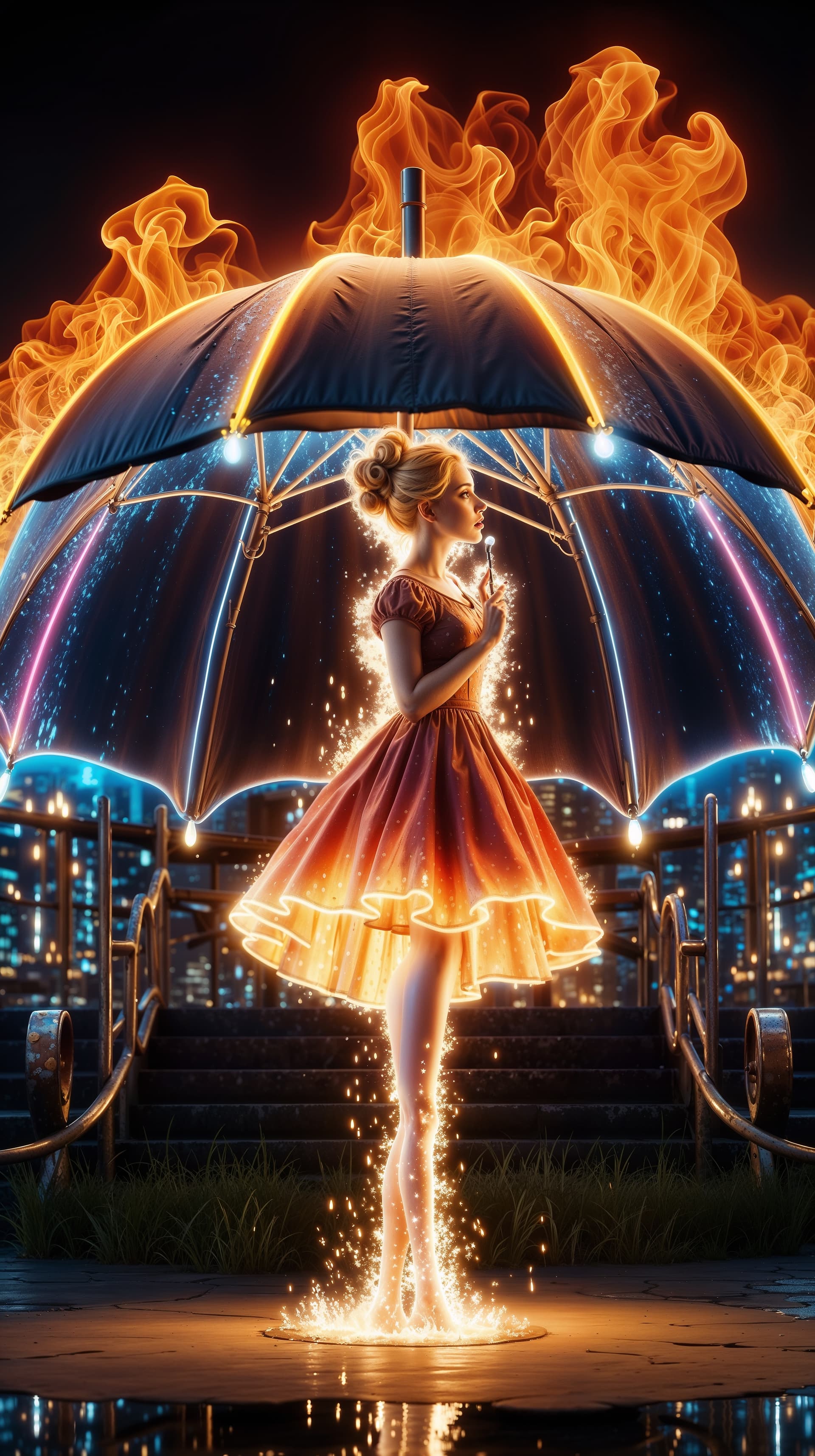 AI generated: An enchanting figure made of enchanted flames stands holding a magnificent umbrella made of cascadin...