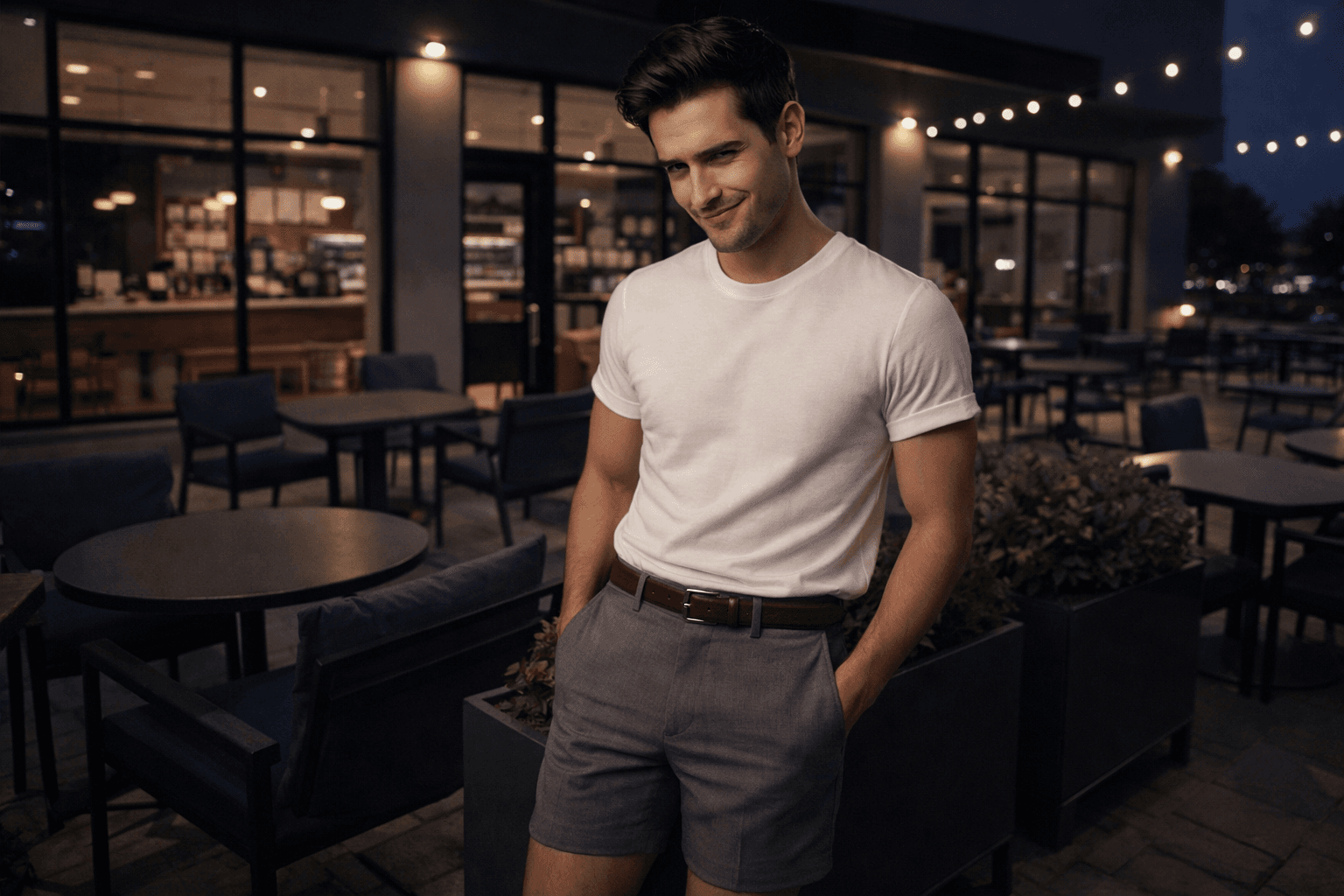 AI generated: At night. The model is a barista at a big coffee shop. The coffee shop is empty. The coffee shop has...
