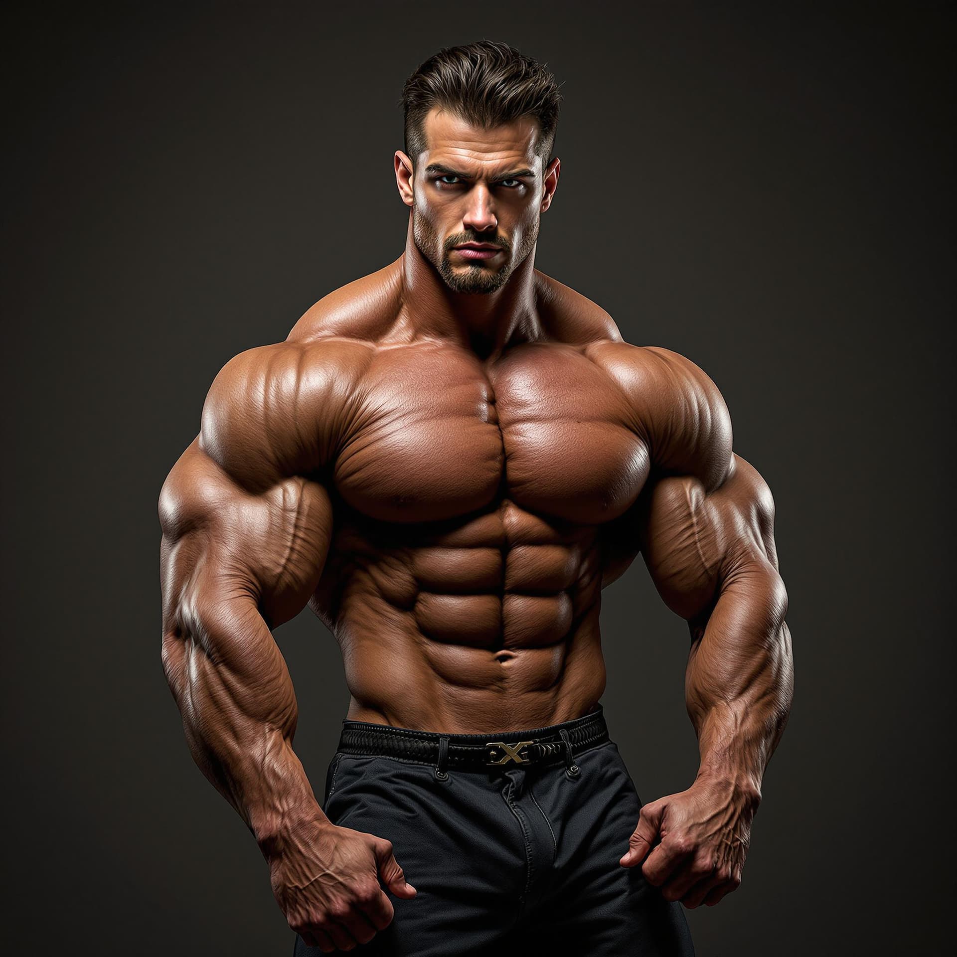AI generated: full view of bodybuilder standing and posing while looking at the camera