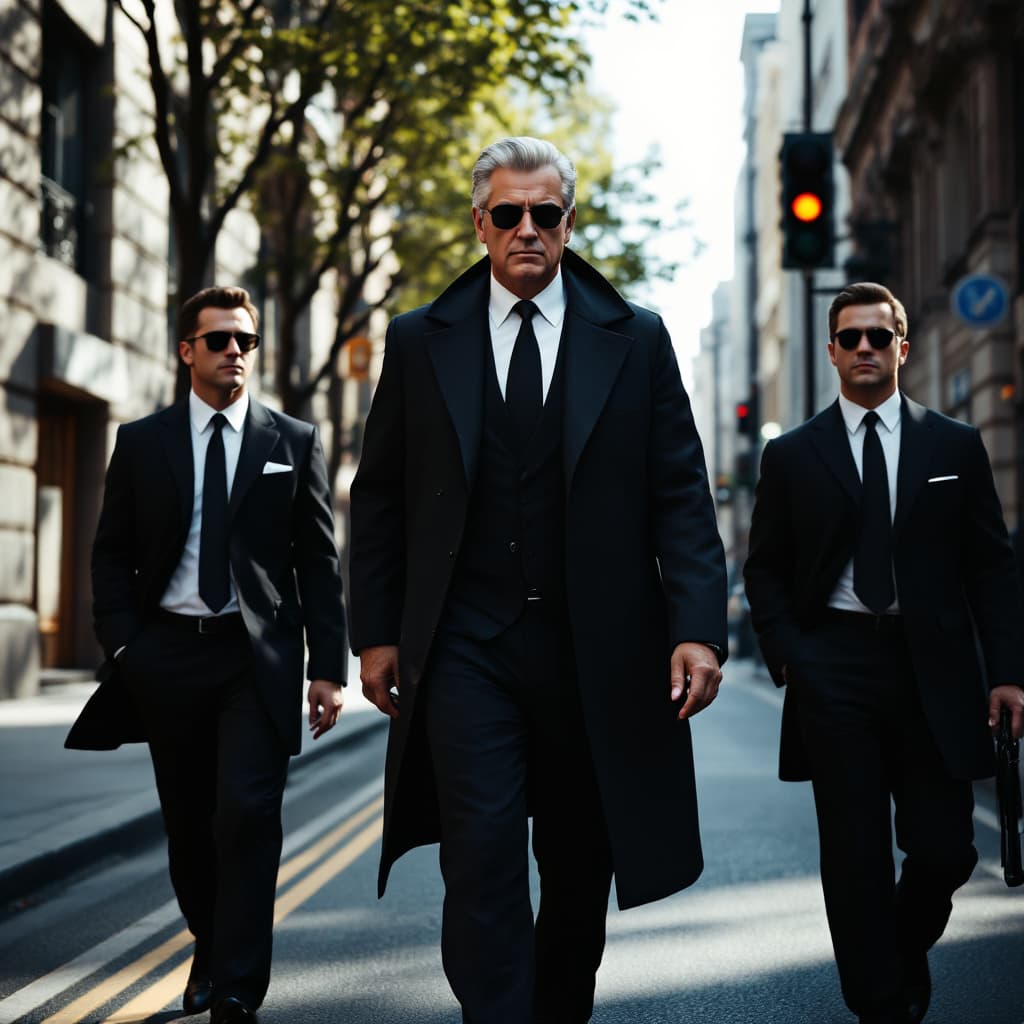 AI generated: a stately and rich man walks along a wide street, accompanied by two security guards in business sui...