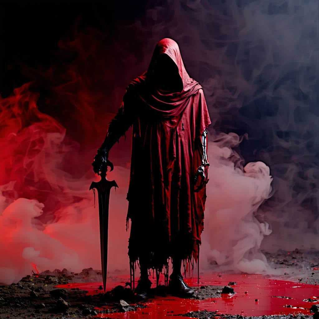 AI generated: character - death with sythe, standing on blood, smoked landscape, dramatic lights