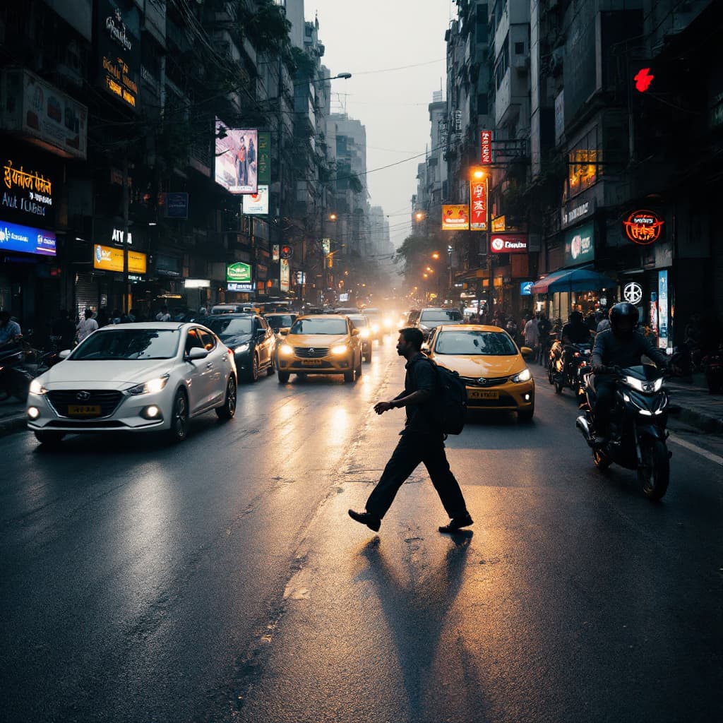 AI generated: man passing through busy street of Kolkata with details and 4k effects