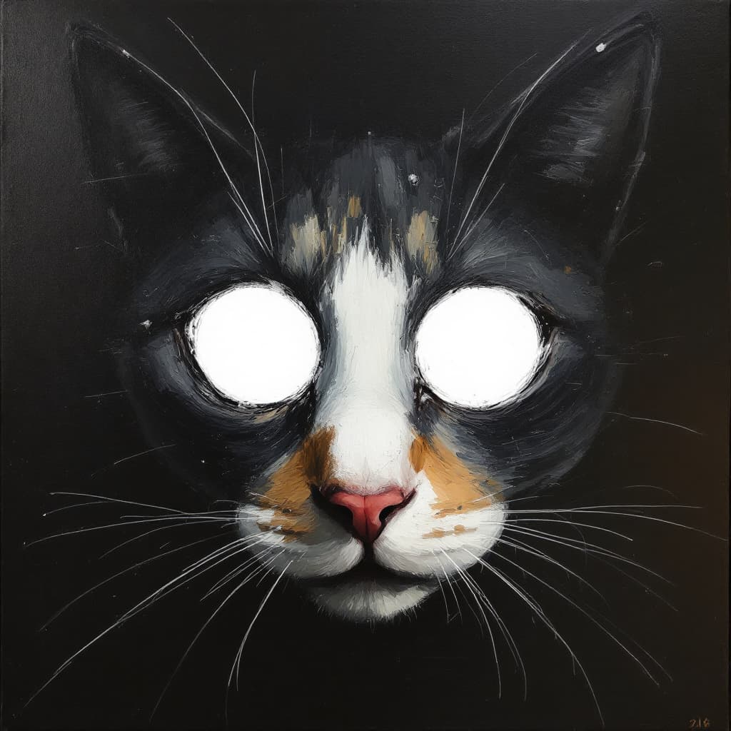 AI generated: artistic, oil painting, face, portrait of cat, empty eyes, grainy touch, minimalist avant-garde, ric...