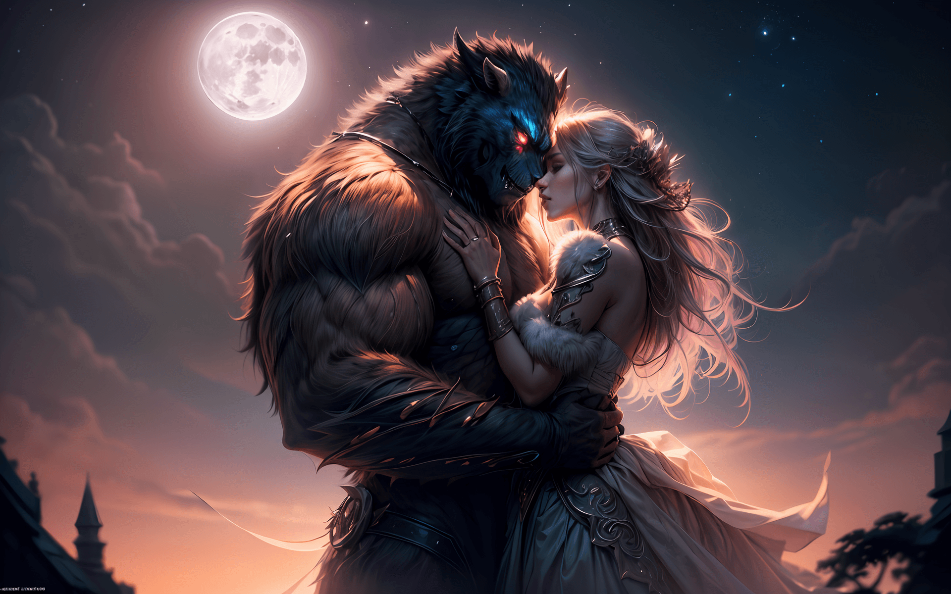 AI generated: masterpiece, concept art, (epic couple photo, intimate, lovely, facing each other, beautiful girl an...