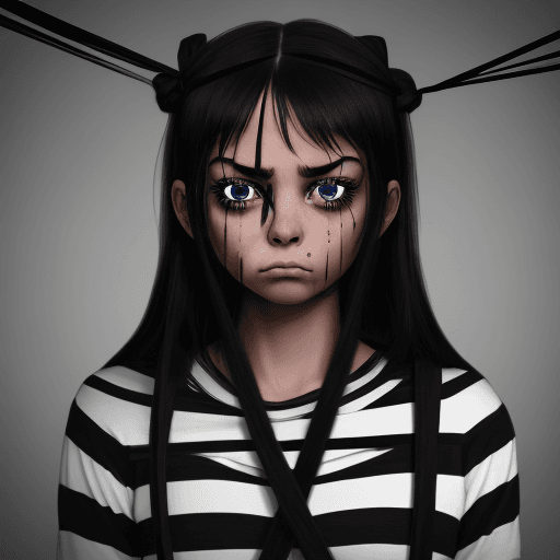 AI generated: Sad girl with black ropes in her eyes, black ropes coming out from her eyes