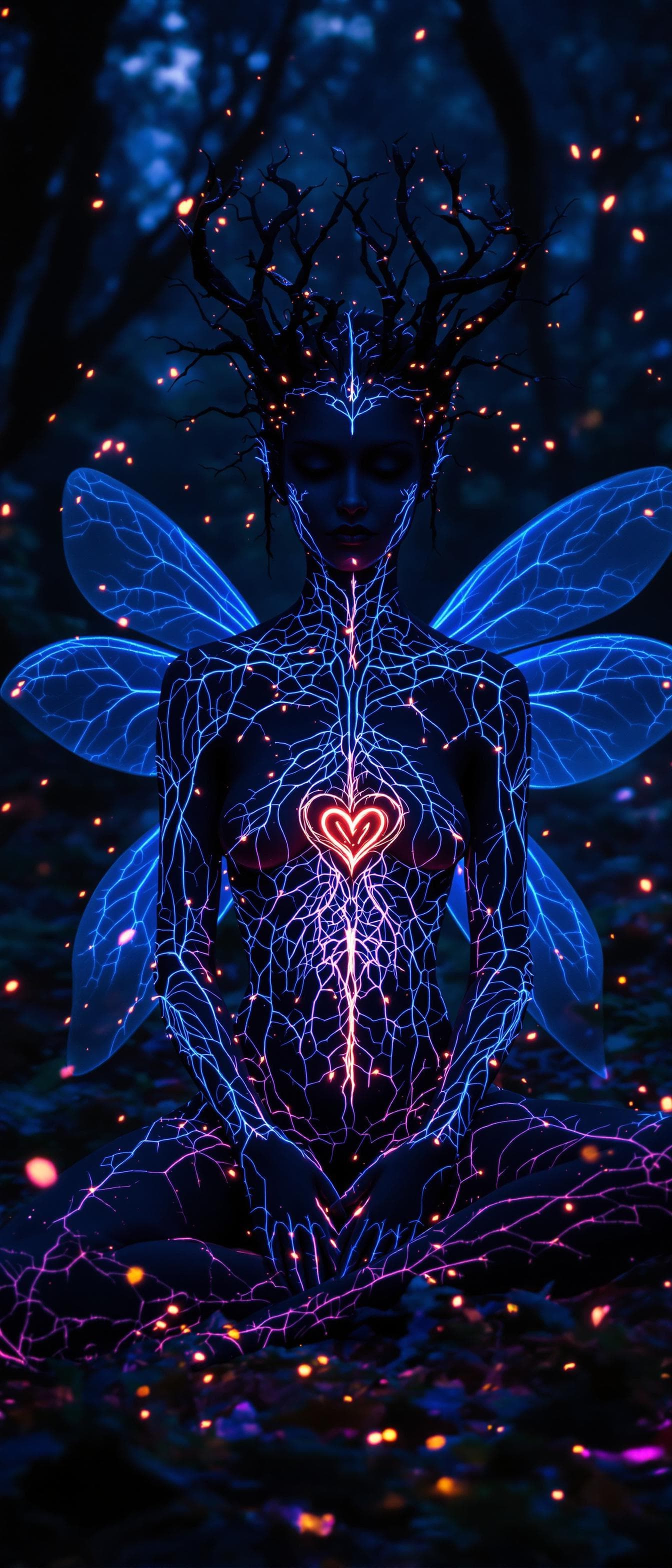 AI generated: A tight mid angle view of a dark, horrific ethereal fairy in an enchanted forest at night, sitting i...