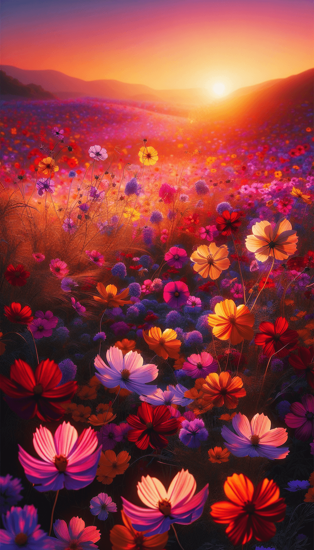 AI generated: Wildflower meadow, bright color contrast, focal point perspective, petals swaying in the wind, light...