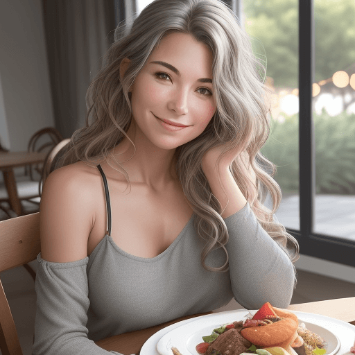 AI generated: An image of a woman seated at a dining table, exuding casual elegance with a warm smile and forward ...