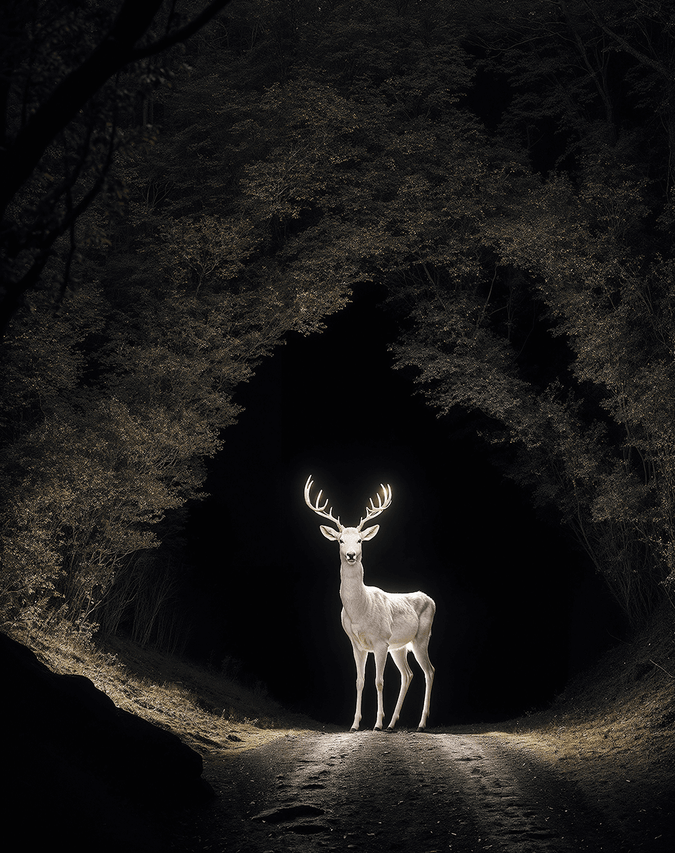 AI generated: a distant photo of a white deer made of white light with big horns, standing in the middle of a very...