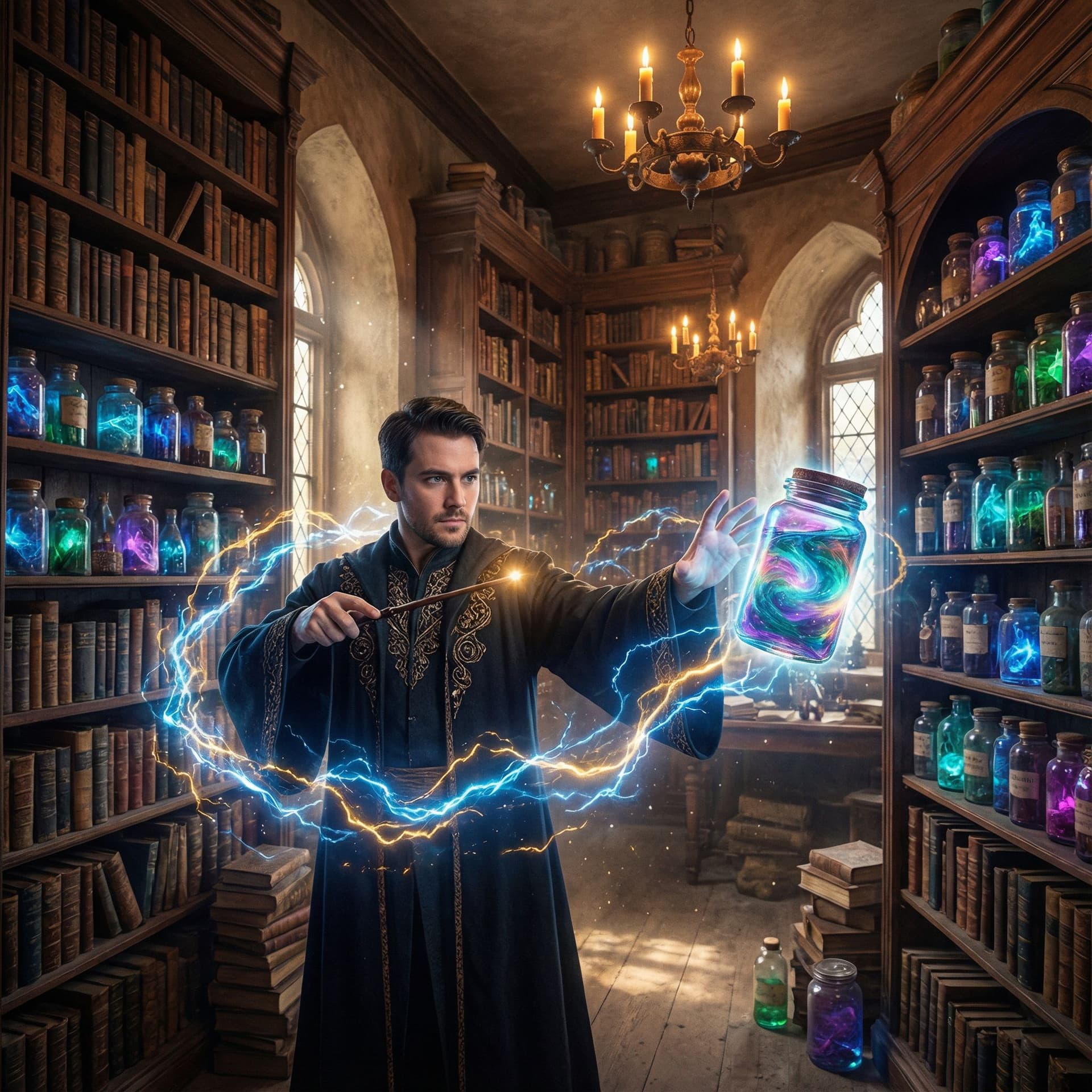 AI generated: Create an image in the style of Harry Potter. The scene is inside a magical library with tall, ancie...