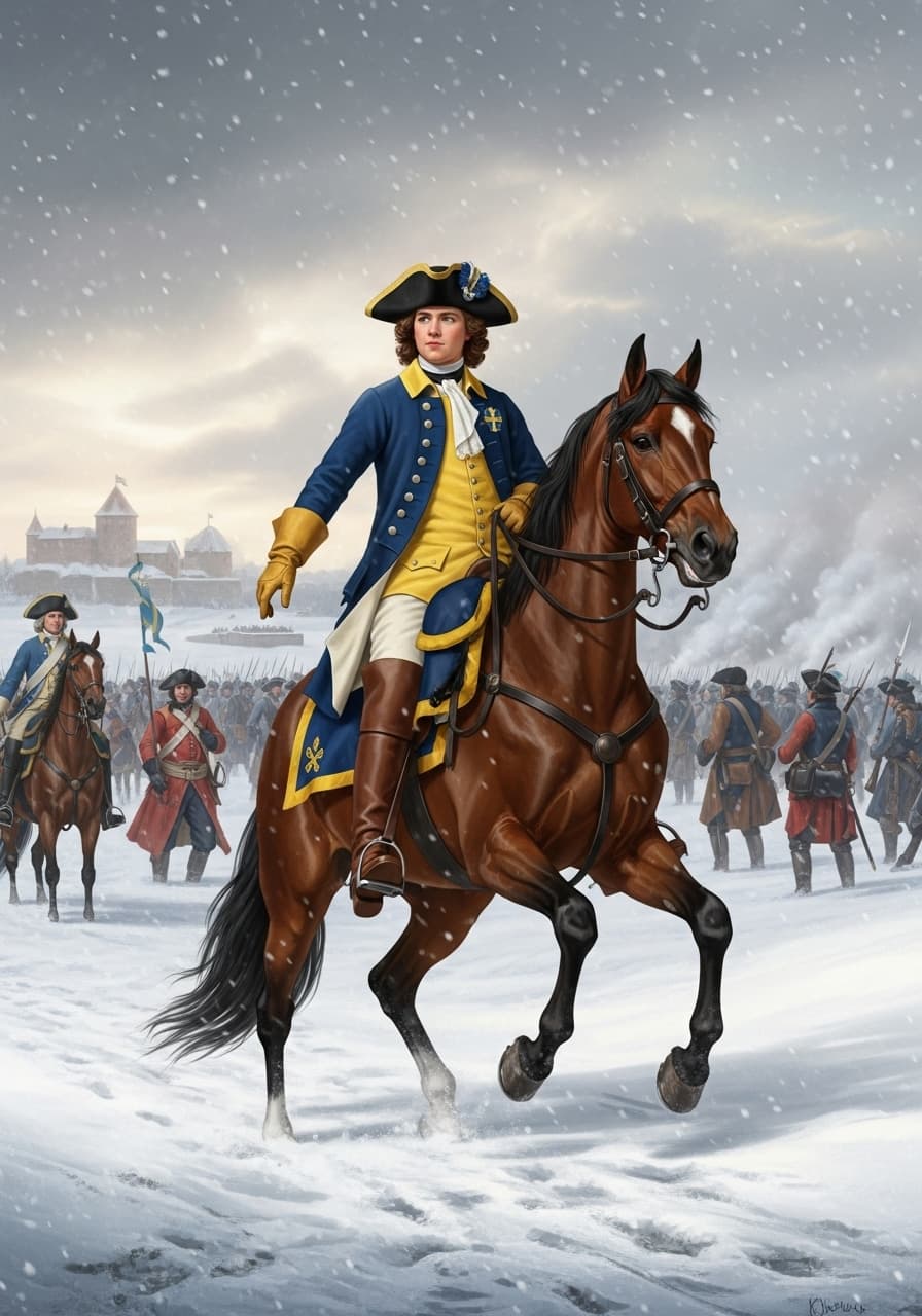AI generated: King Karl XII of sweden at battle of narwa in 1700 ,winter snow ,swedish blue and yellow battle unif...