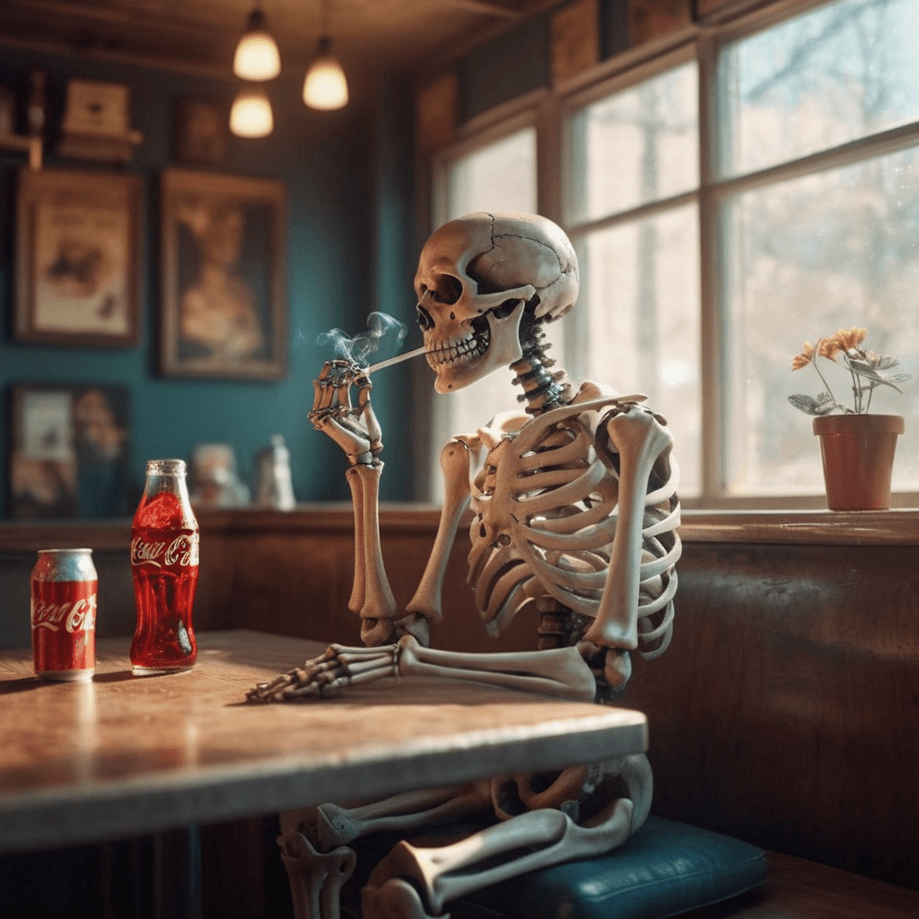 AI generated: the skeleton is sitting at a table in a cafe and smoking a cigarette. on the table Coca-cola