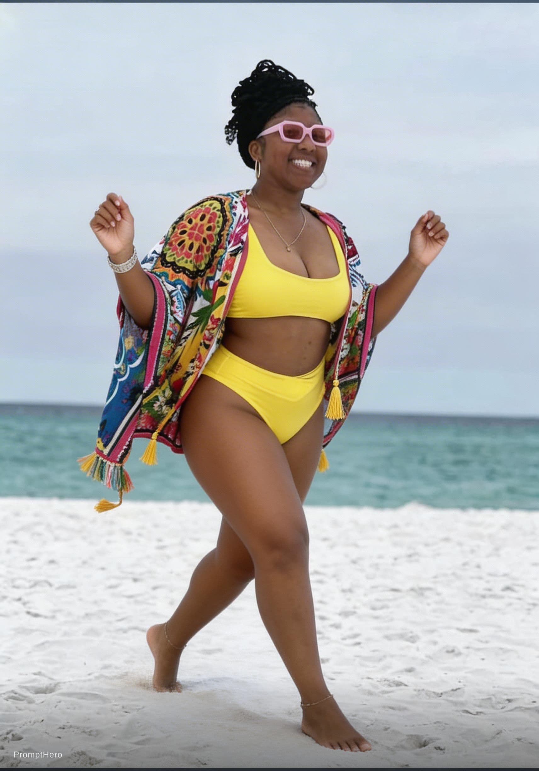 AI generated: Girl in bikini on beach walking dancing 