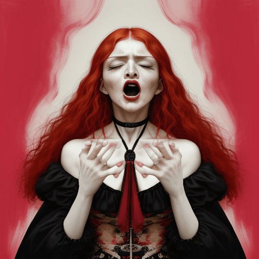 AI generated: A red-haired woman with a perfect madonna face and perfect hands, experiencing the existential angui...