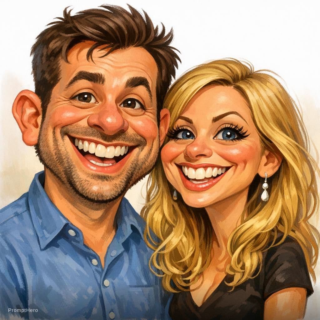 AI generated: funny caricature, adult man and woman (input Image), mid-30's, big cartoonish head, exaggerated cari...