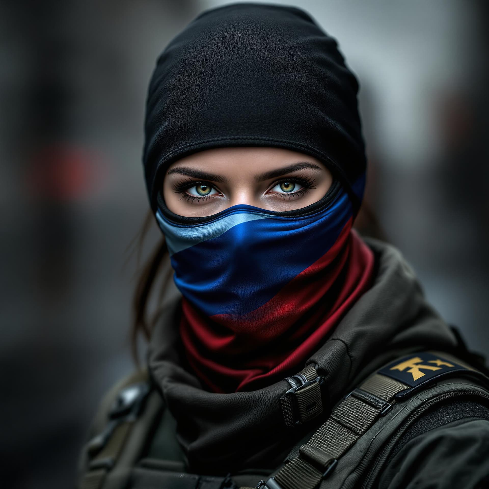 AI generated: Create a striking portrait of a female soldier wearing a tactical mask. The mask is designed with a ...