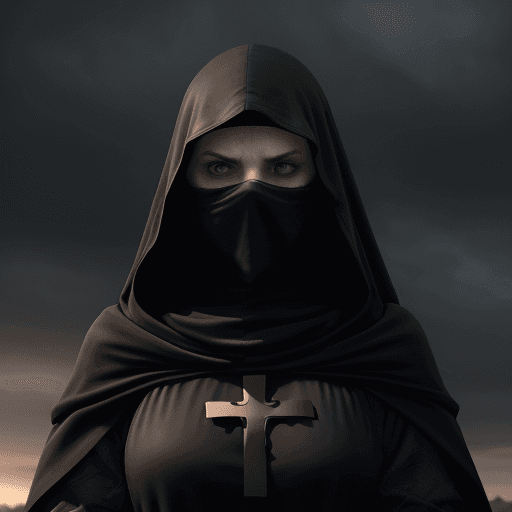 AI generated: woman wearing a dark tunic with a cross drawn on the hood covering her face, leaving only her mouth ...