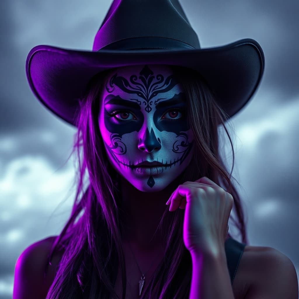 AI generated: Deep ultraviolet hues, tight close-up shot, stunning Latinos woman, white Dia de los Muertos face pa...