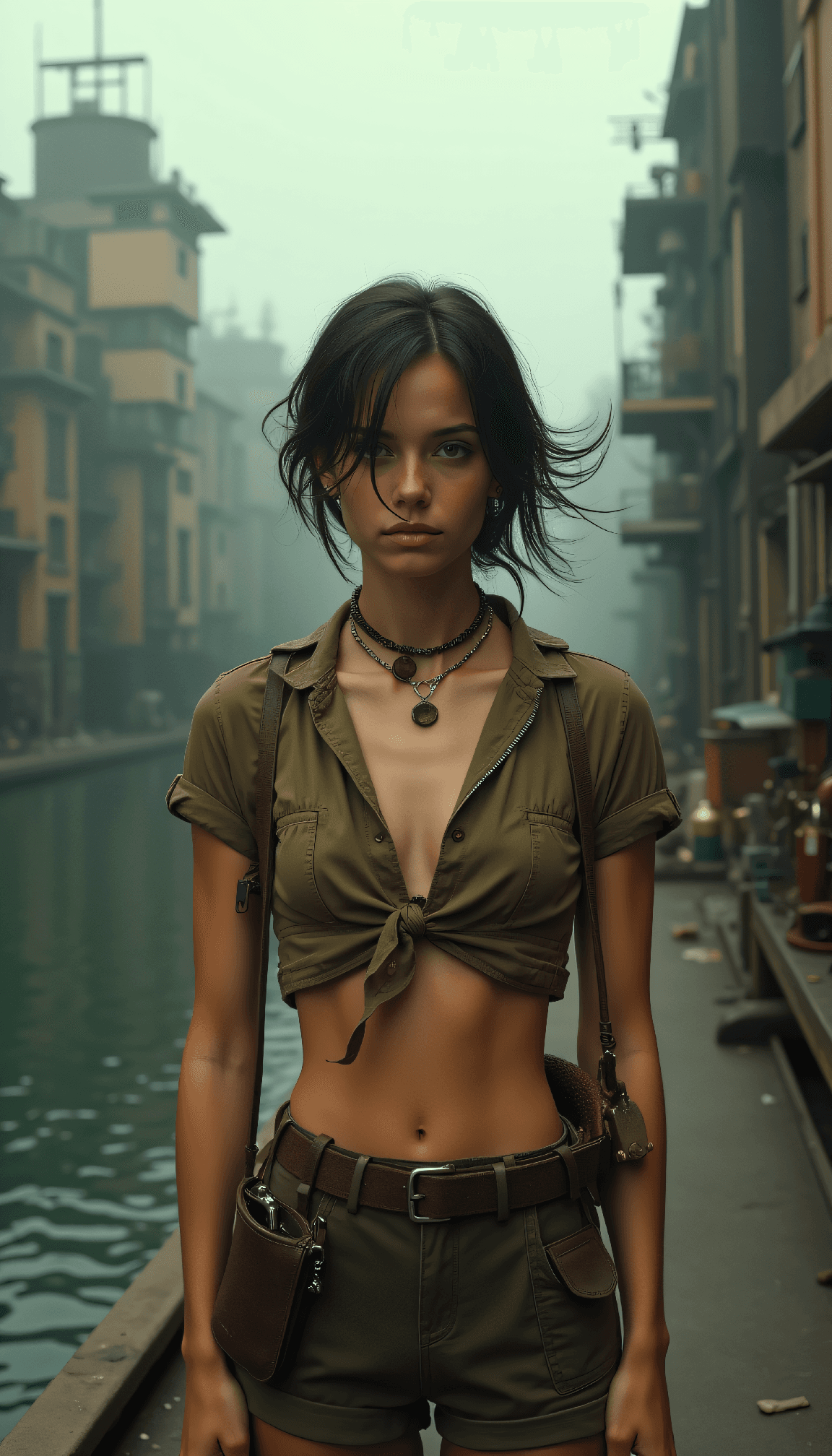 AI generated: dystopian style Mid-twenties woman with windswept short natural hair fishing with a mechanical fishi...