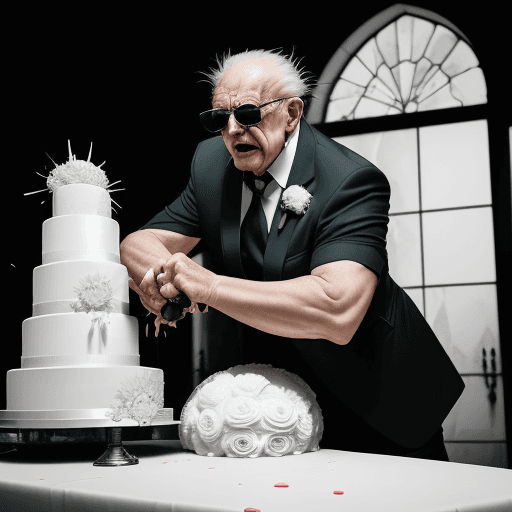 AI generated: Exploding cake::15 Using a wide-angle lens, capture the dramatic moment when a grandfather with sung...