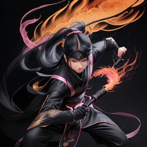 AI generated: A mischievous ninja in midnight black traditional Chinese attire, golden accessories, stealthy stanc...
