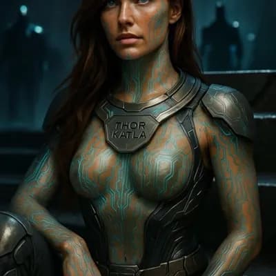 AI generated video: A cinematic 8K ultra-realistic video of Thor Katla, the alien queen, pausing at the base of her thro...